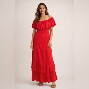 Frutacor Brazilian Boutique Red Linen Blend Maxi Dress Ruffle Hem Size M